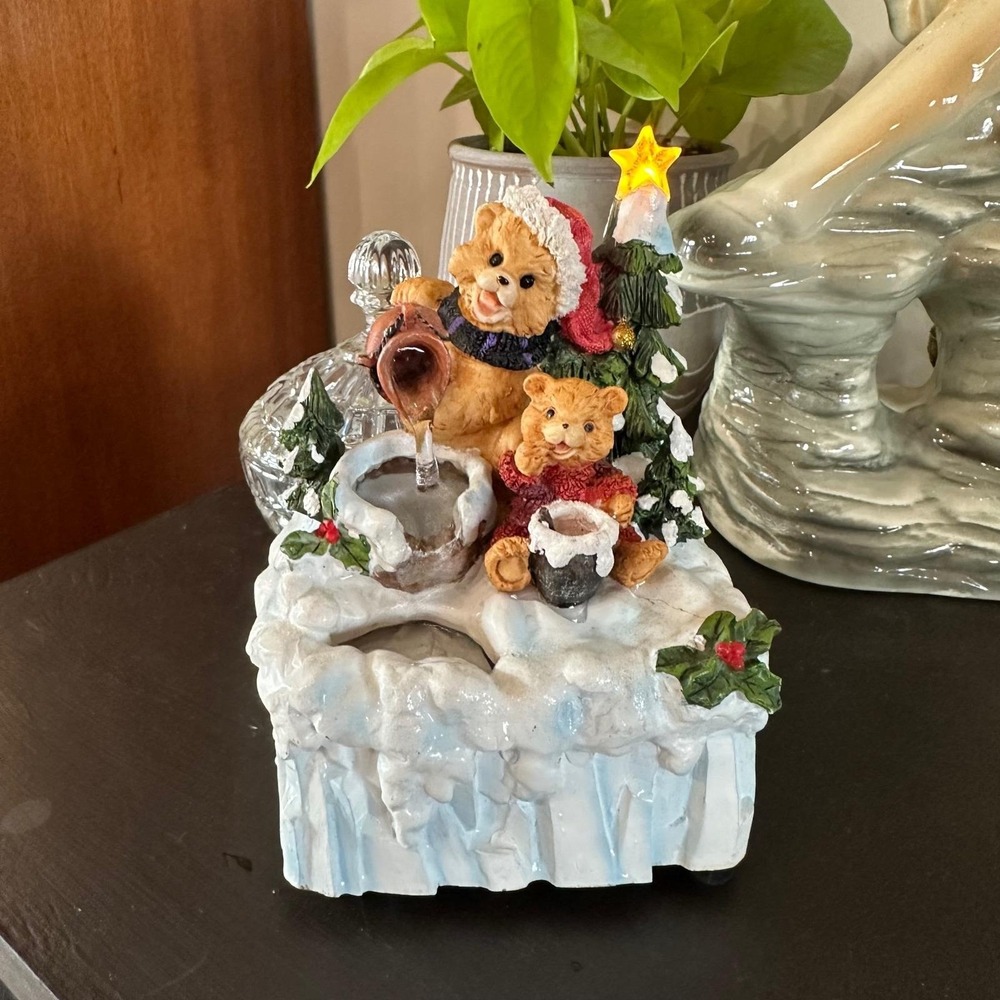 Vtg 90s Christmas Teddy Bear Water Fountain Lighted Tabletop Holiday Decor Retro